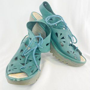 Fly London Yote Teal Green / Taupe Lace Up Wedge Sandals sz 40
